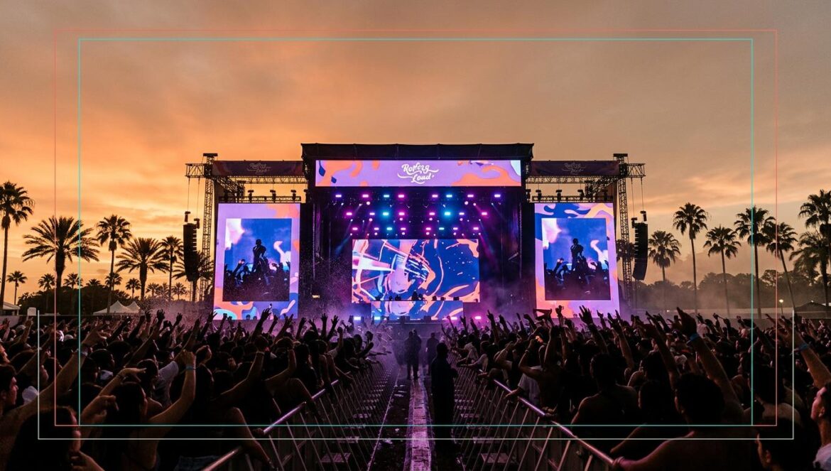 Rolling Loud 2026: lo que no viste tras el escenario Escenario principal del Rolling Loud Orlando 2026 bajo un atardecer vibrante con luces LED y siluetas de la multitud en un ambiente festivalero.