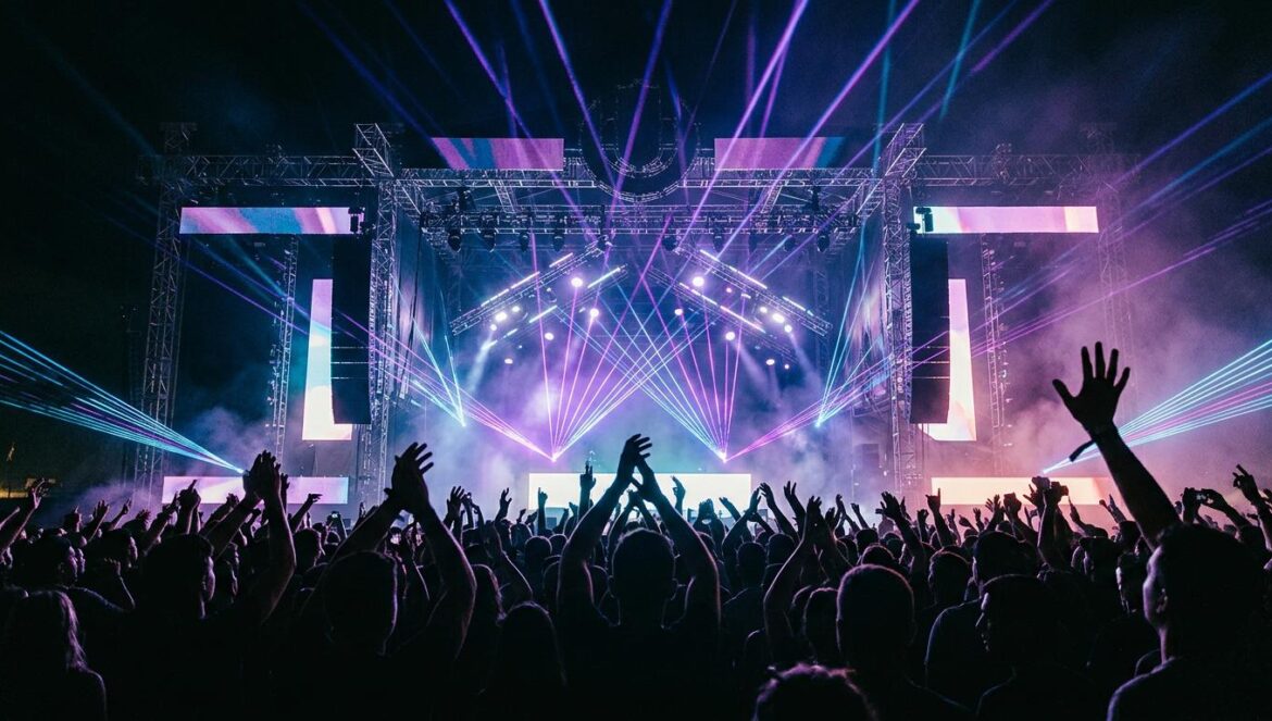 Rolling Loud Orlando 2026: guía completa para el streaming Escenario principal de un festival de música masivo de noche con luces láser y siluetas de la multitud