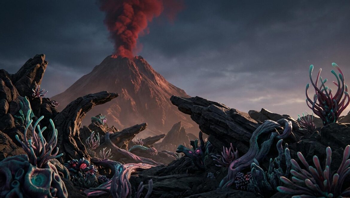 Skywind: el titánico remake de Morrowind que desafía a Bethesda Paisaje de Vvardenfell con el Monte Rojo al fondo, vegetación alienígena y arquitectura fantástica bajo un cielo dramático en el motor de Skyrim.