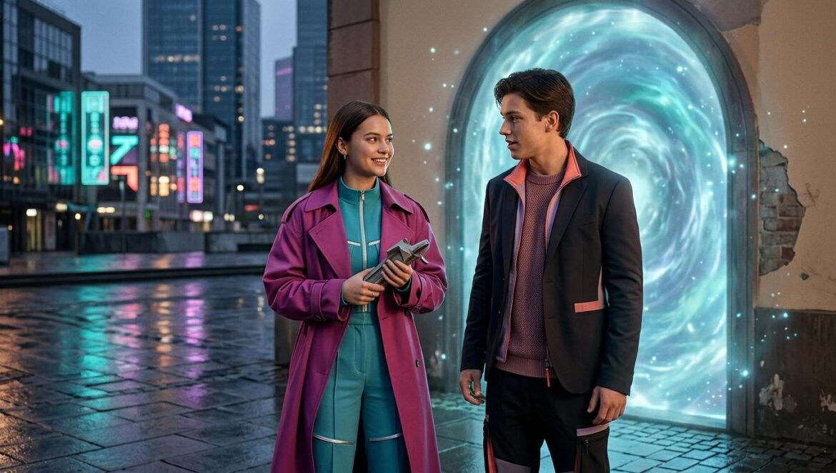 Solo Leveling: ¿Kang Mina y Byeon Woo Seok juntos de nuevo? Actores en un escenario de fantasía urbana con un portal místico azul brillante al fondo bajo luces de neón