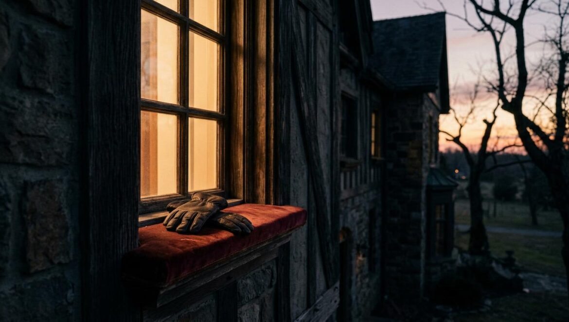 Una mansión antigua bajo un cielo nocturno oscuro, con guantes de cuero en primer plano sugiriendo un misterio sobrenatural.