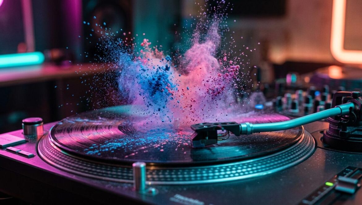 the sound chalk makes redefine la electrónica global Primer plano de polvo de tiza de colores explotando sobre un plato de tocadiscos negro bajo luces de neón vibrantes.