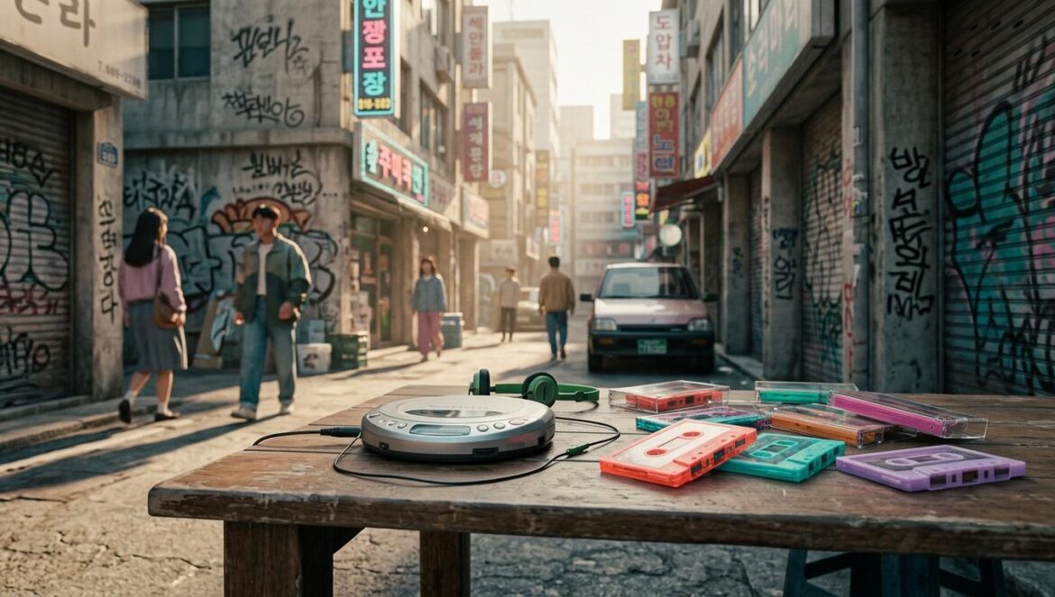 The WONDERfools explota en Netflix con Park Eun Bin Escena nostálgica de una ciudad coreana en los años 90 con un reproductor de CD antiguo y casetes sobre una mesa de madera