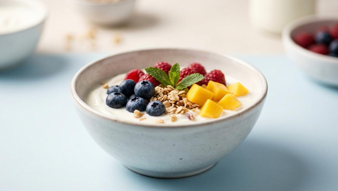 TXT revoluciona el postre coreano como embajador de Yoajung Un bol de yogur griego premium con frutas frescas sobre un fondo minimalista de tonos pastel en un estudio fotográfico