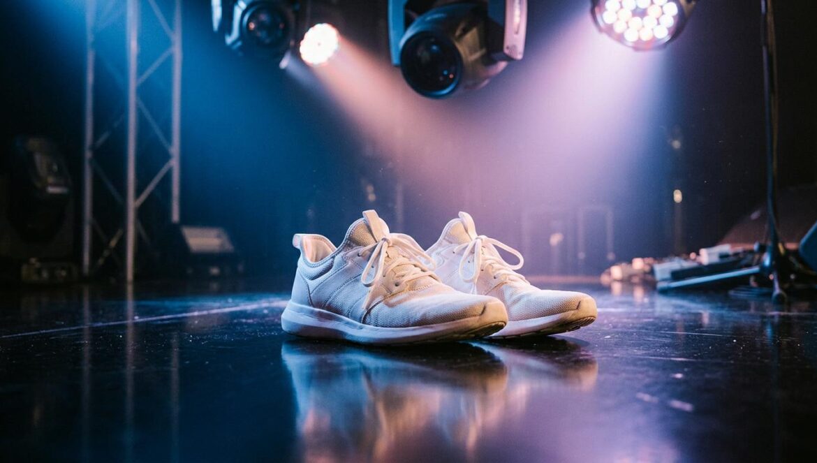 Yeji de ITZY limitará su show en Japón por salud Primer plano de unas zapatillas de baile blancas sobre un escenario oscuro con luces de neón azules y rosas de fondo.