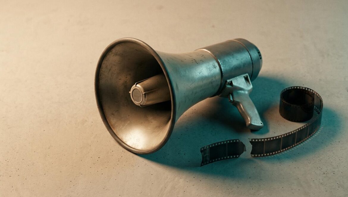 Un megáfono policial de estilo vintage sobre una superficie de hormigón junto a una tira de celuloide rota, con iluminación de catálogo editorial en tonos beige y turquesa.