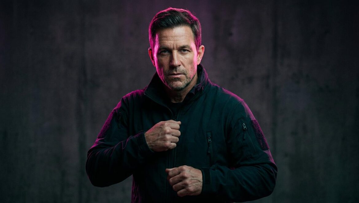 Retrato editorial de un hombre maduro con chaqueta táctica oscura, pose dinámica sobre fondo de concreto, iluminación dramática en tonos magenta y turquesa.