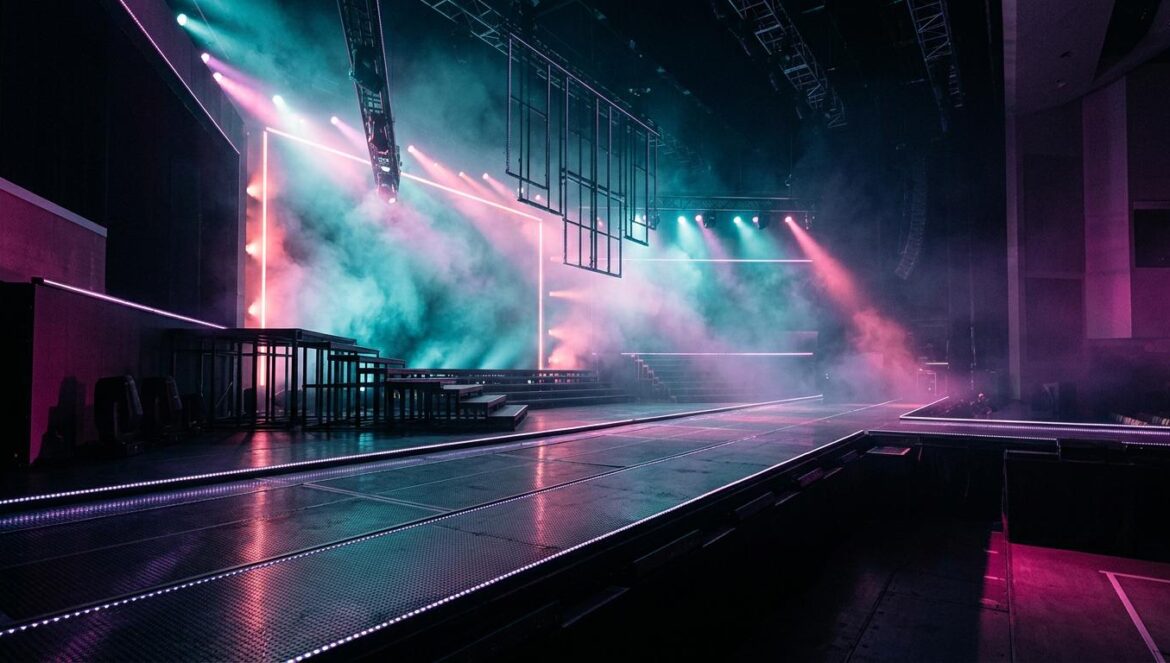 Un escenario vacío de K-pop con iluminación dramática de fondo en tonos magenta y turquesa, reflejando el final de una era artística.
