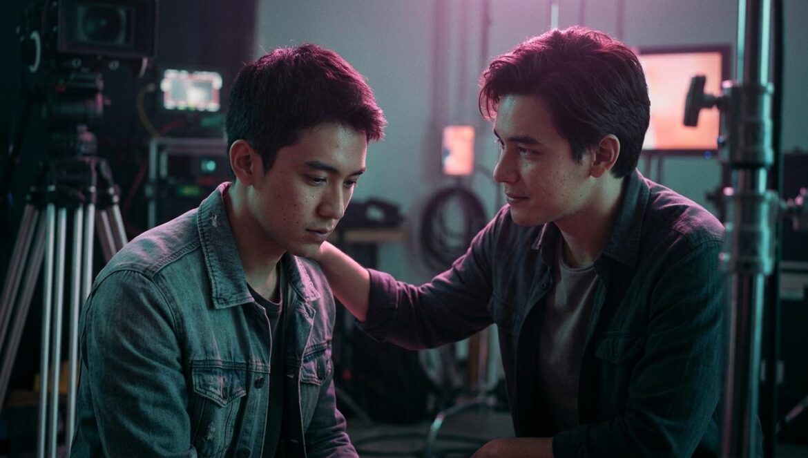 Dos jóvenes actores en un set de filmación con iluminación dramática en tonos magenta y turquesa, compartiendo un momento introspectivo y emotivo.