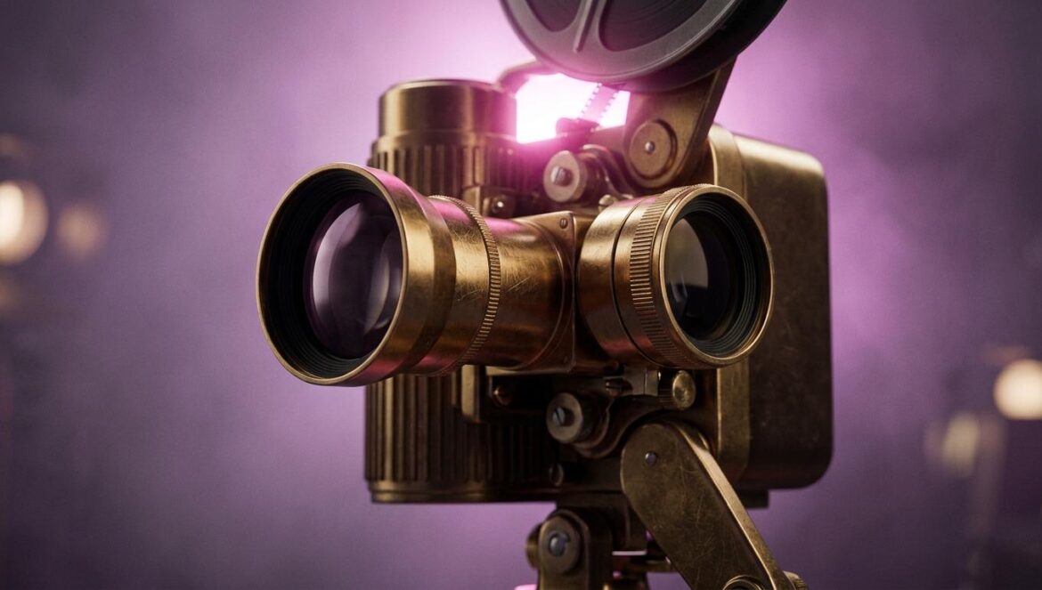 El león de la Metro y el día que Ben-Hur lo silenció Proyector de cine clásico de los años cincuenta iluminado con tonos magenta y neblina lila en un ambiente cinematográfico.