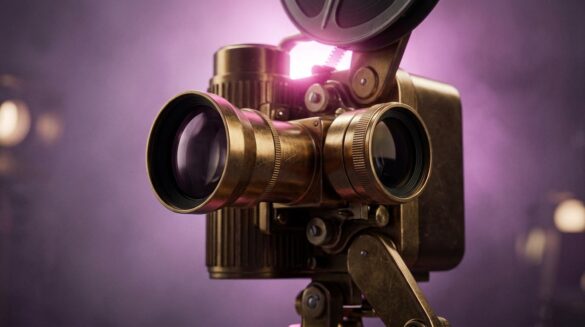 Proyector de cine clásico de los años cincuenta iluminado con tonos magenta y neblina lila en un ambiente cinematográfico.