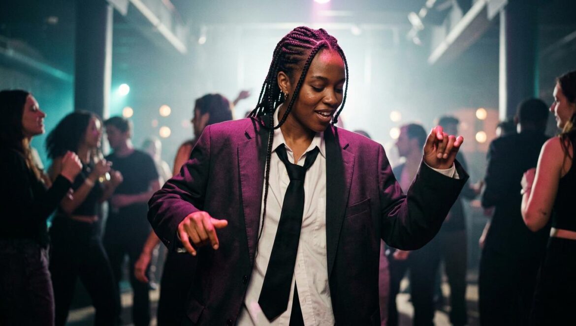 El primer rave office siren queer redefine el clubbing de NY Una persona negra con blazer y corbata desabrochada bailando en un club nocturno oscuro con luces de neón magenta y turquesa.