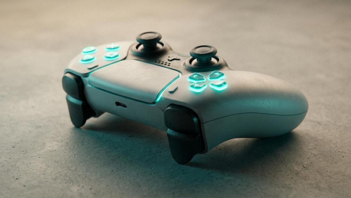 Primer plano de un mando de consola moderno con iluminación azul sobre una superficie minimalista gris