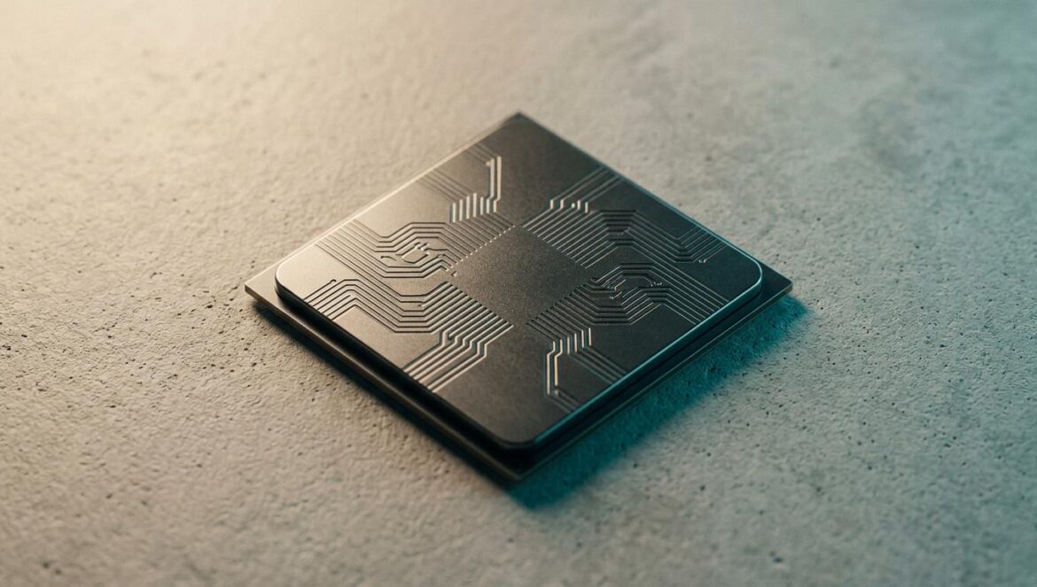 Primer plano de un microchip metálico sobre una superficie de concreto, iluminado con tonos cálidos y sombras turquesas en un estilo tecnológico minimalista.