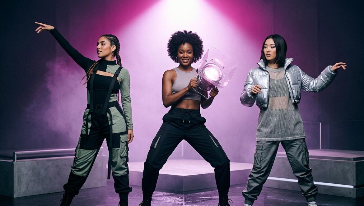 Cantantes de pop en una actuación enérgica sobre un escenario moderno e iluminado con luces de fondo color lila y magenta.