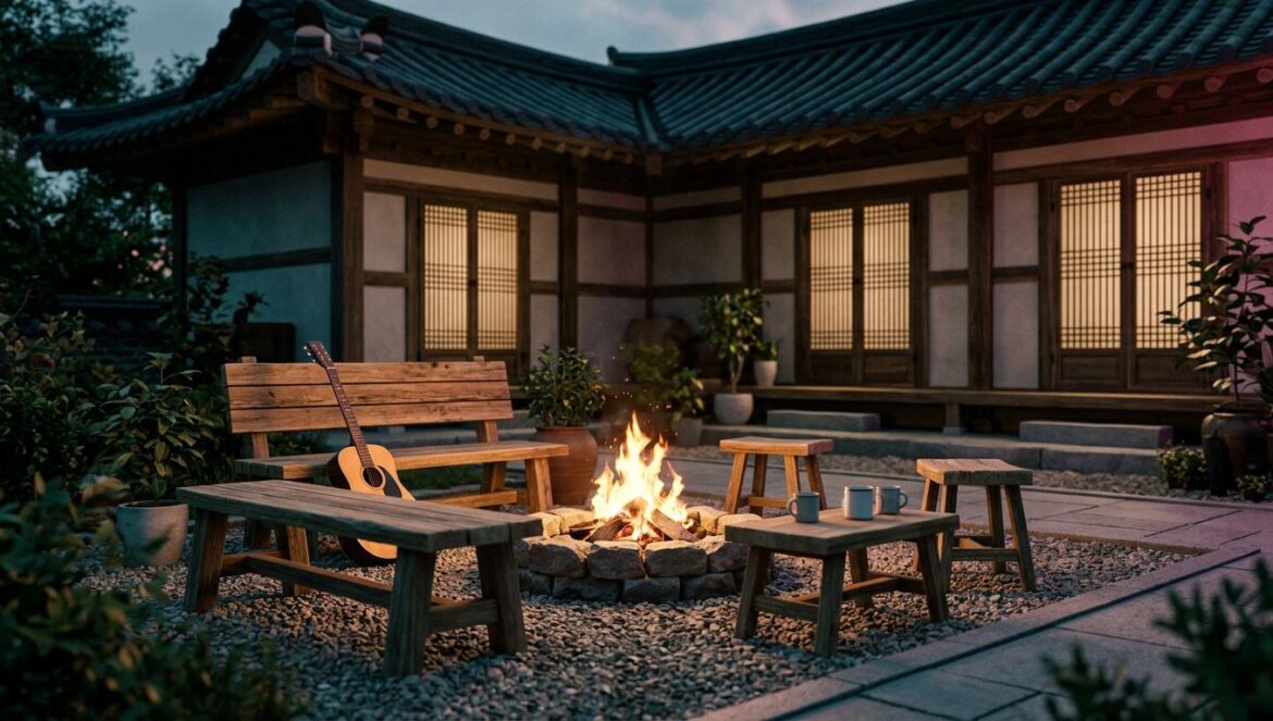 Jae Seok’s B&B Rules: el rescate nostálgico de Lee Hyo Ri Un acogedor patio coreano al atardecer con una fogata encendida, una guitarra acústica apoyada en un banco de madera y una atmósfera de iluminación cinematográfica turquesa y magenta.