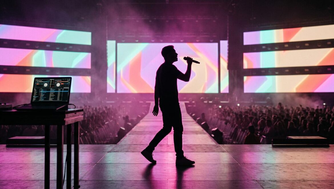 Silueta de un artista pop en un gran escenario de festival con luces de fondo magenta, pantallas brillantes y una atmósfera de concierto multitudinario.