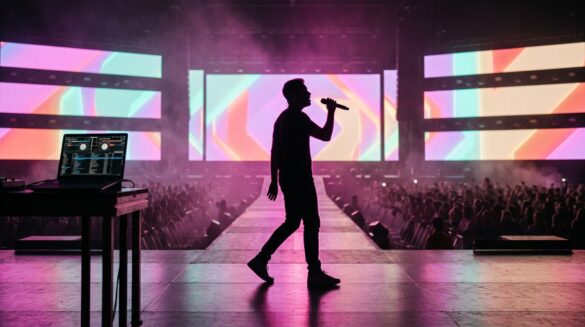 Justin Bieber en Coachella: el triunfo del anti-show Silueta de un artista pop en un gran escenario de festival con luces de fondo magenta, pantallas brillantes y una atmósfera de concierto multitudinario.