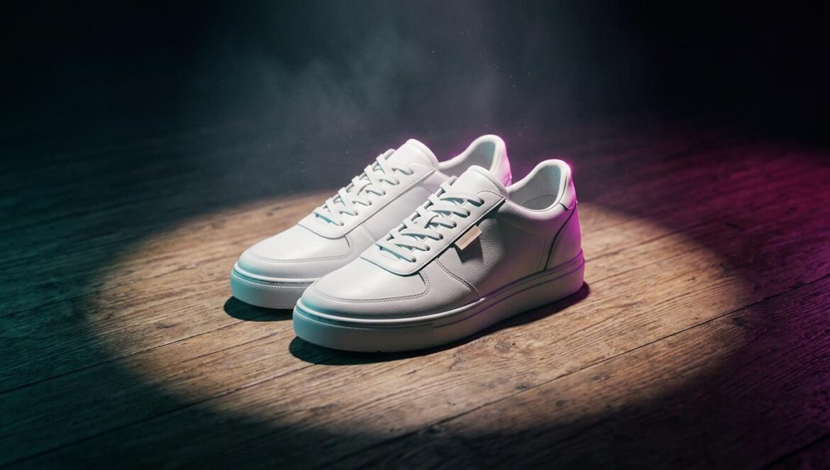 Primer plano dramático de un escenario iluminado con un foco magenta y turquesa, con un par de zapatillas blancas en el suelo simbolizando la ausencia.