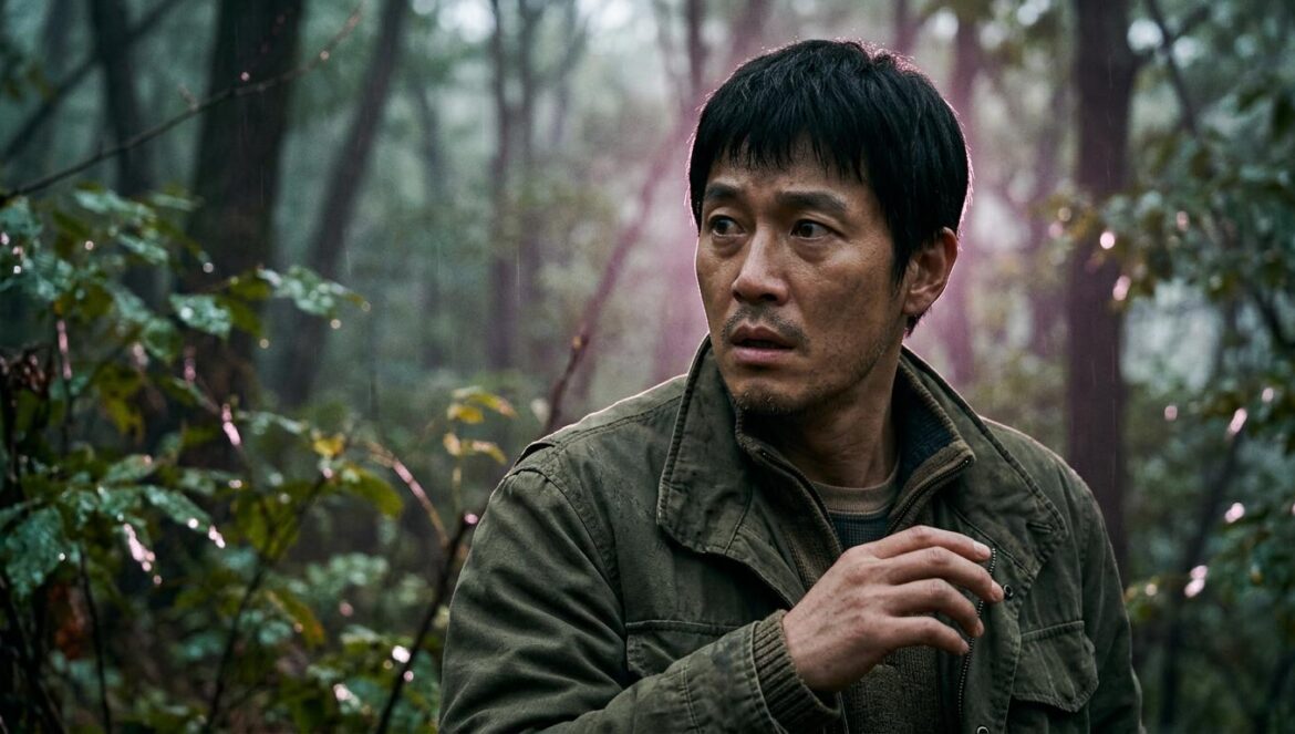 La película HOPE de Na Hong Jin confirma su estreno global Primer plano cinematográfico de un actor coreano con expresión de tensión en un bosque neblinoso de noche.