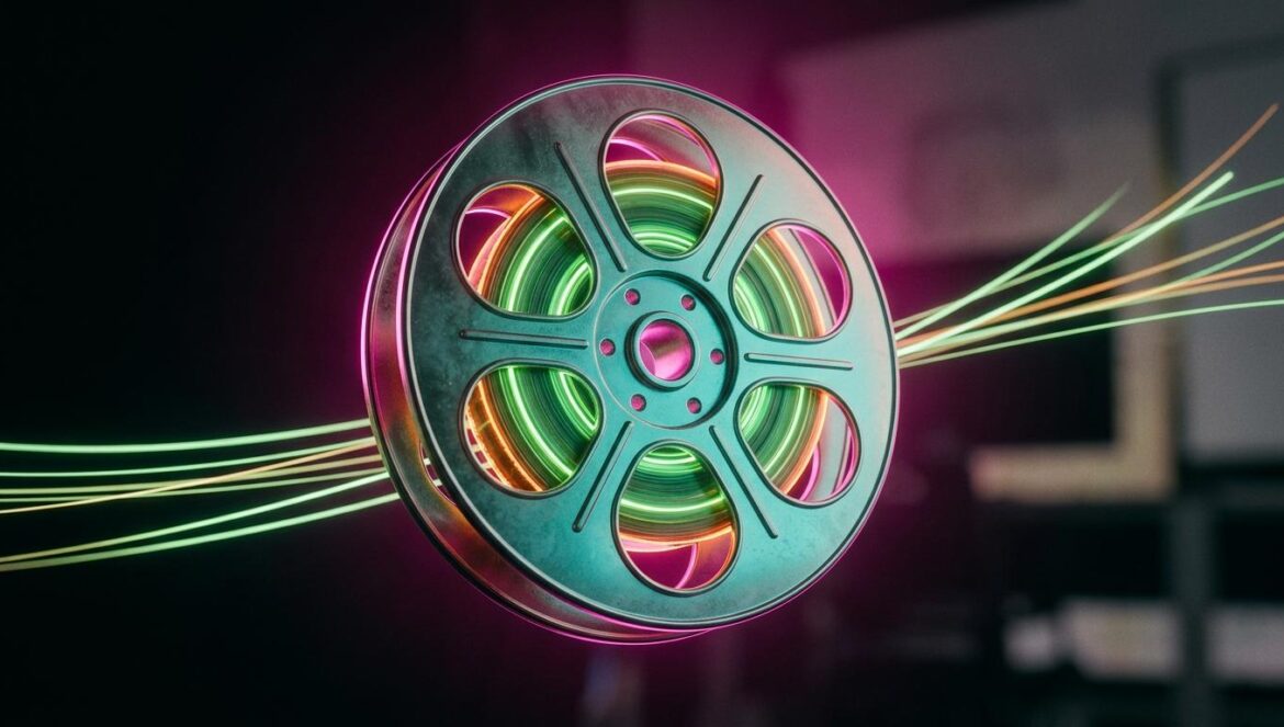 Letterboxd busca dueño: ¿puede el crowdfunding salvarlo? Símbolo abstracto de un rollo de película iluminado con tonos verdes y naranjas sobre un fondo oscuro con destellos de luz magenta.