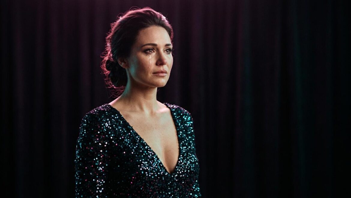 Love in Sync es el k-drama que desafía el tabú de la empatía Retrato editorial de una mujer elegante con un vestido brillante bajo focos de estudio magenta y turquesa, reflejando una expresión de vulnerabilidad dramática.