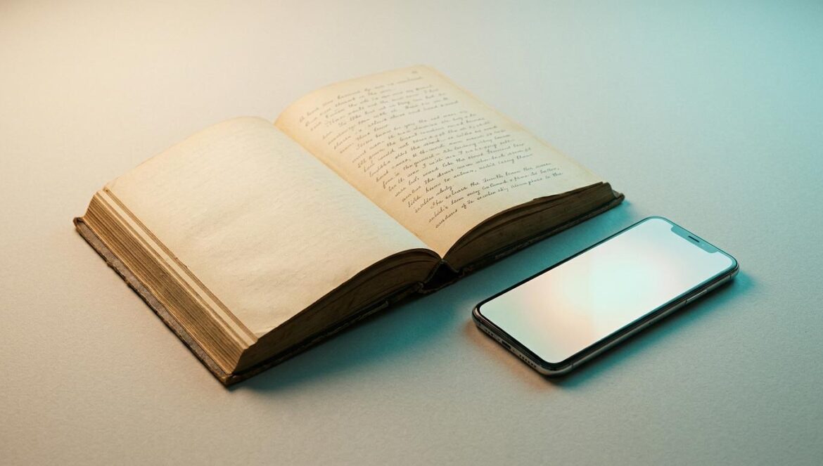 Un libro clásico abierto junto a un smartphone moderno sobre una mesa minimalista con iluminación de estudio cálida y fría.