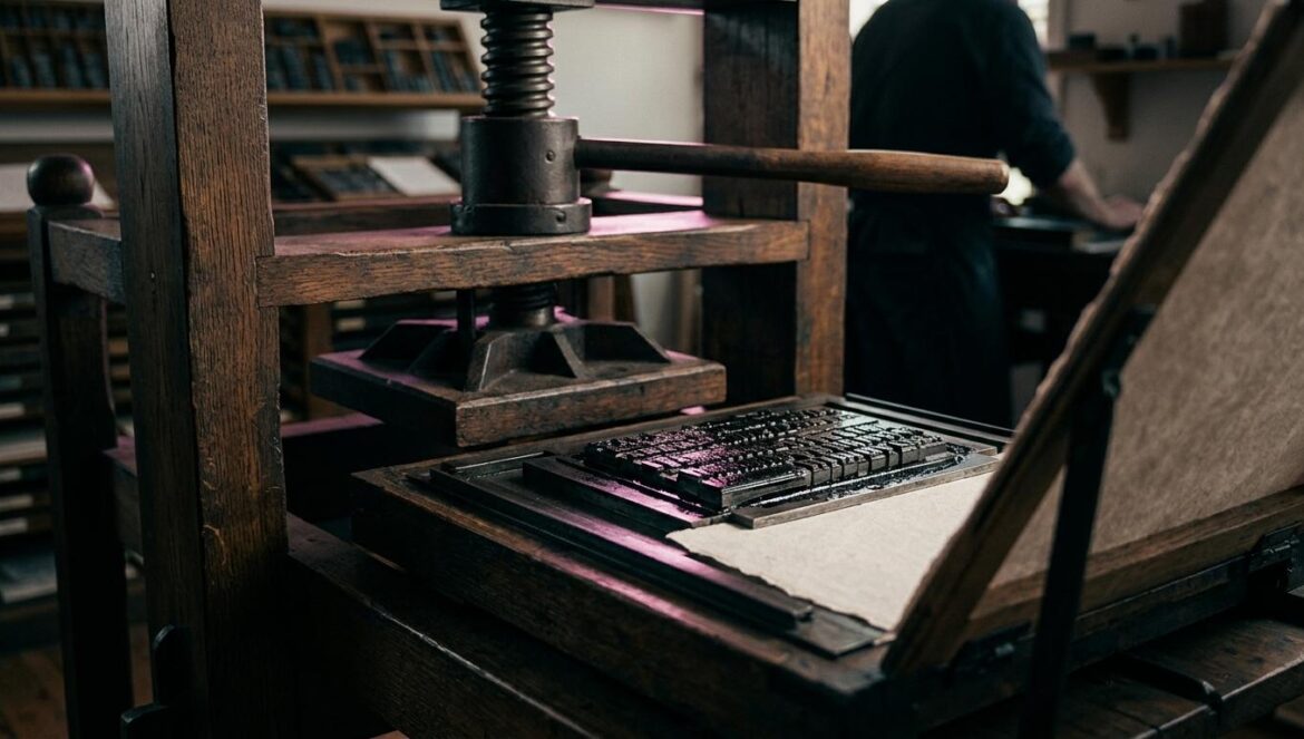 Primer plano de una imprenta de tipos móviles de madera oscura y metal con tinta fresca, iluminada con tonos magenta y turquesa.