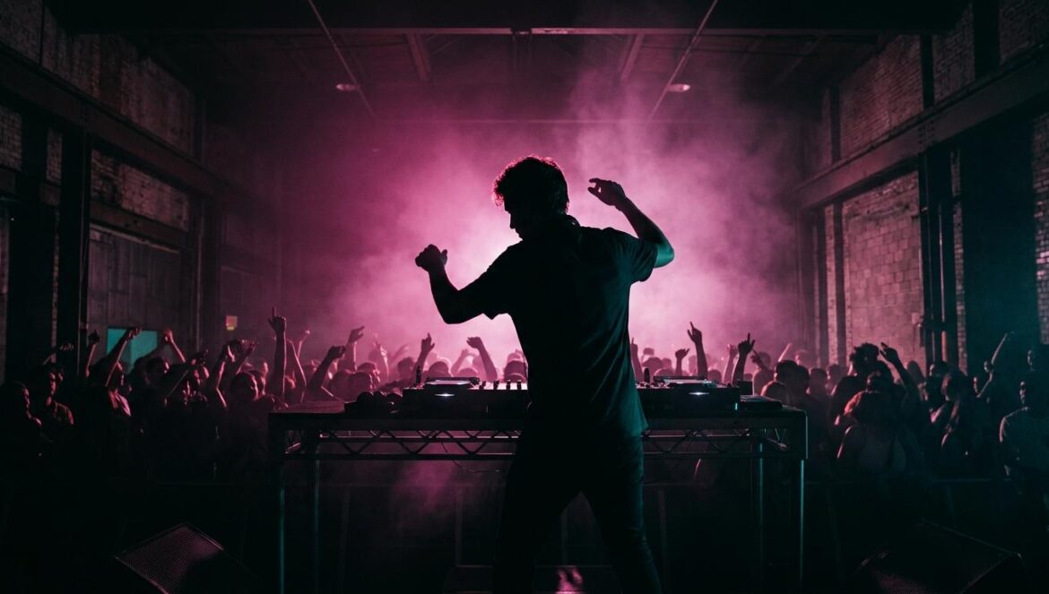 Silueta de un DJ tocando en un escenario iluminado con luces de color magenta y turquesa en un club de Brooklyn.