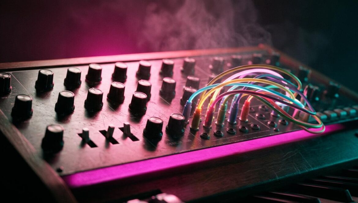 Primer plano de un sintetizador analógico con cables iluminados por luces de neón turquesa y magenta en un estudio oscuro.