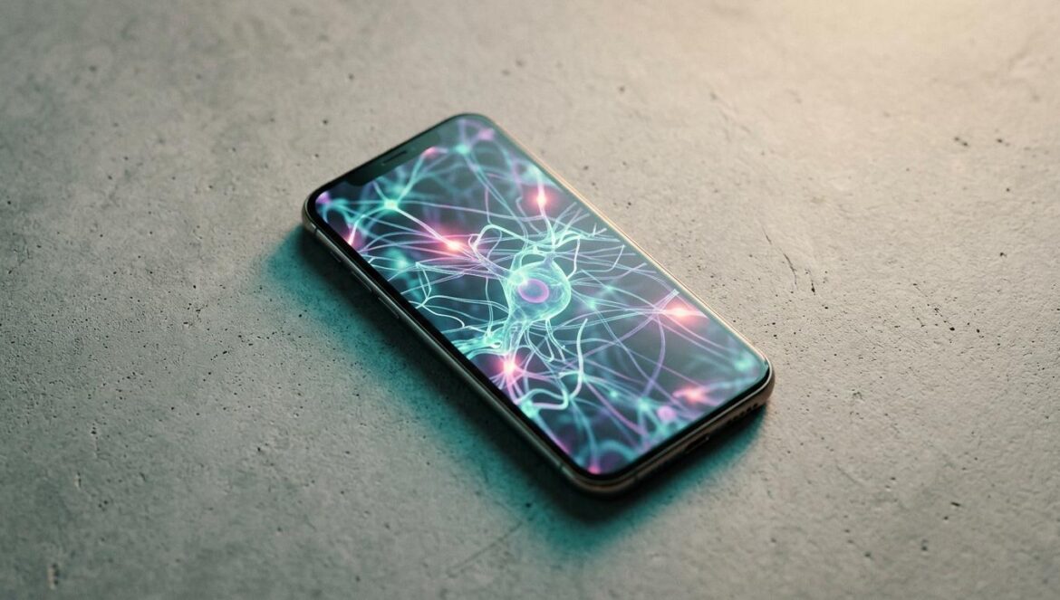 ¿Por qué Siri AI no llegará a Europa? El pulso de Apple Primer plano cenital de un smartphone con un patrón de red neuronal brillante en pantalla sobre superficie de concreto gris