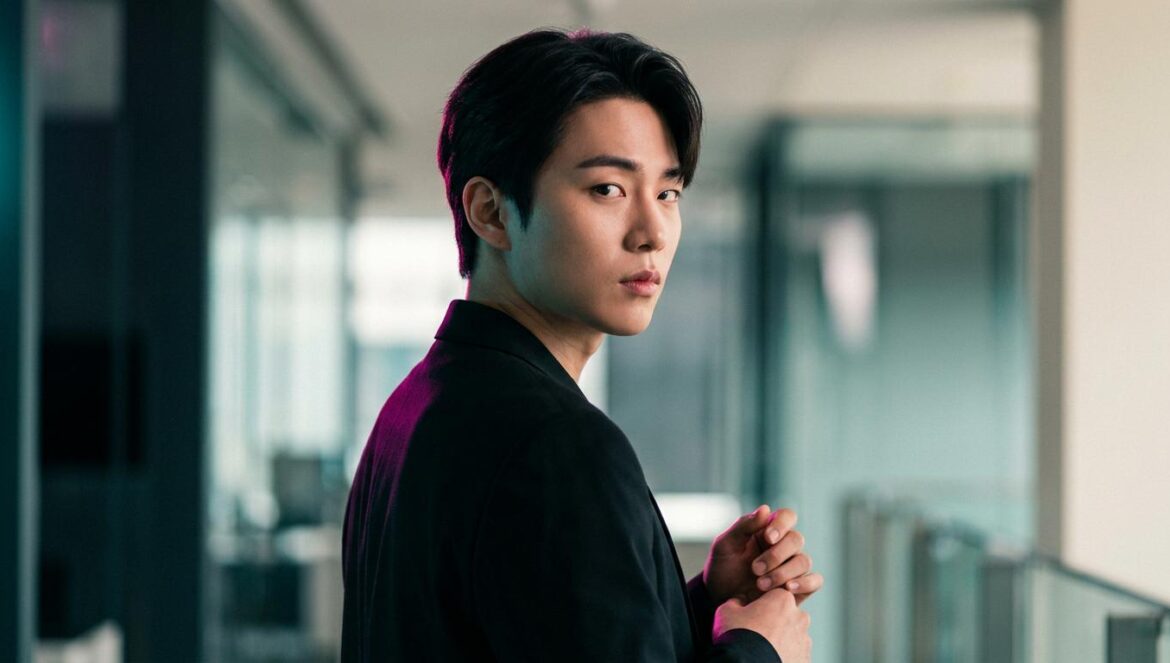 Retrato de medio cuerpo de un joven actor coreano mirando con actitud desafiante en una oficina moderna desenfocada, iluminado con luces de color magenta y turquesa.