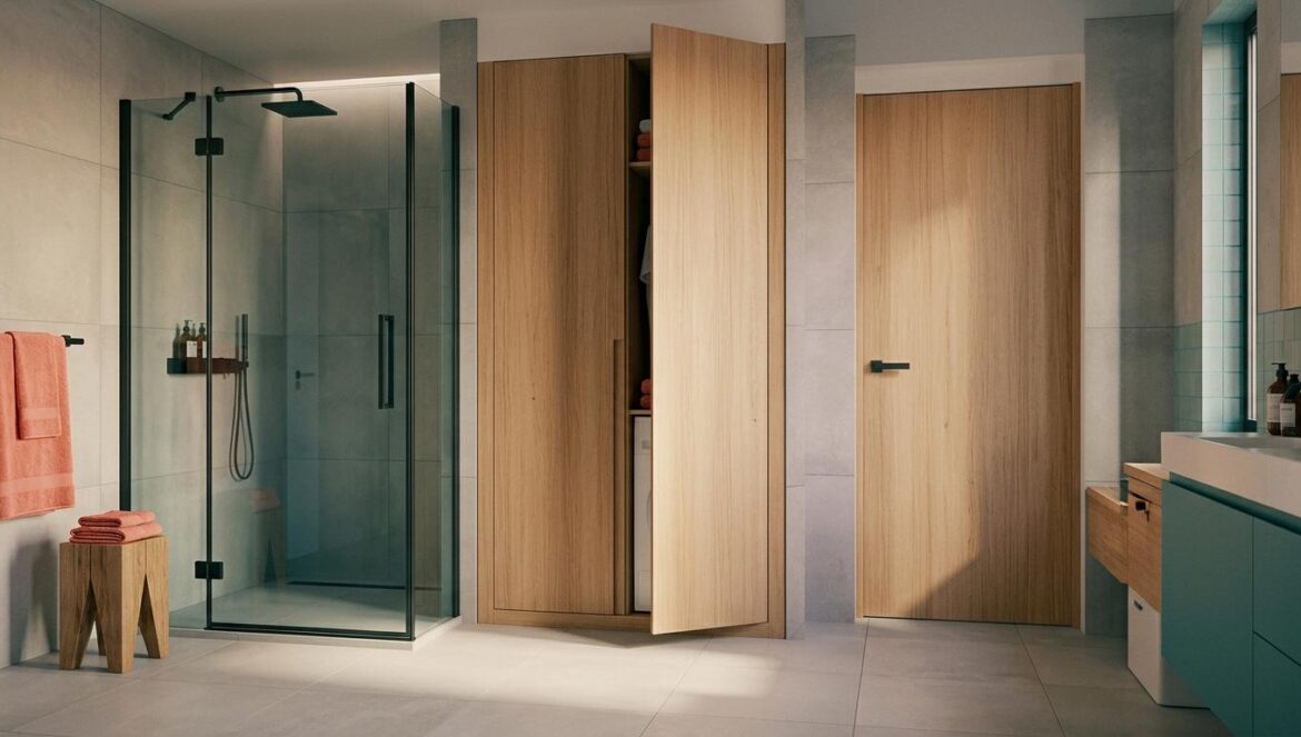 Reformas de baño: el truco de la ducha que gana espacio Baño moderno minimalista con un armario de madera integrado junto a la ducha de vidrio, iluminado de forma suave y elegante.