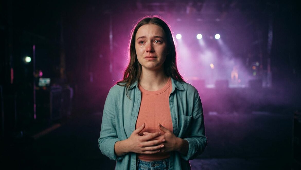 Retrato de una mujer joven con lágrimas en los ojos en el backstage de un concierto, iluminada con luces magenta y de fondo difuso.