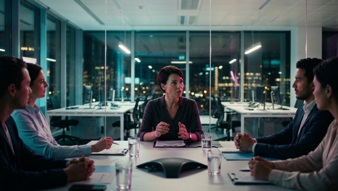 Una oficina corporativa moderna durante la noche con iluminación dramática en tonos magenta y turquesa, reflejando tensión dramática en un entorno laboral de k-drama.