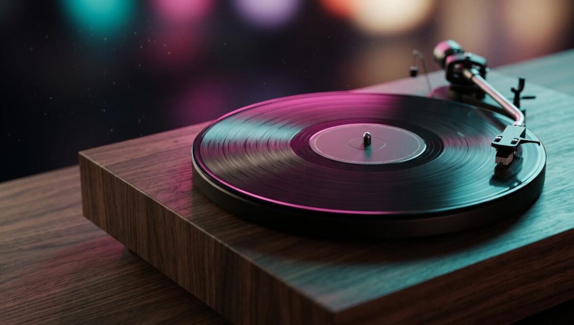Primer plano de un disco de vinilo girando sobre un tocadiscos de madera minimalista con iluminación magenta y turquesa de estilo editorial.
