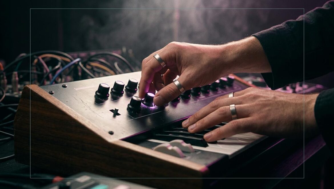 Primer plano de un sintetizador analógico en un estudio oscuro iluminado con destellos de luz magenta y sombras turquesa.