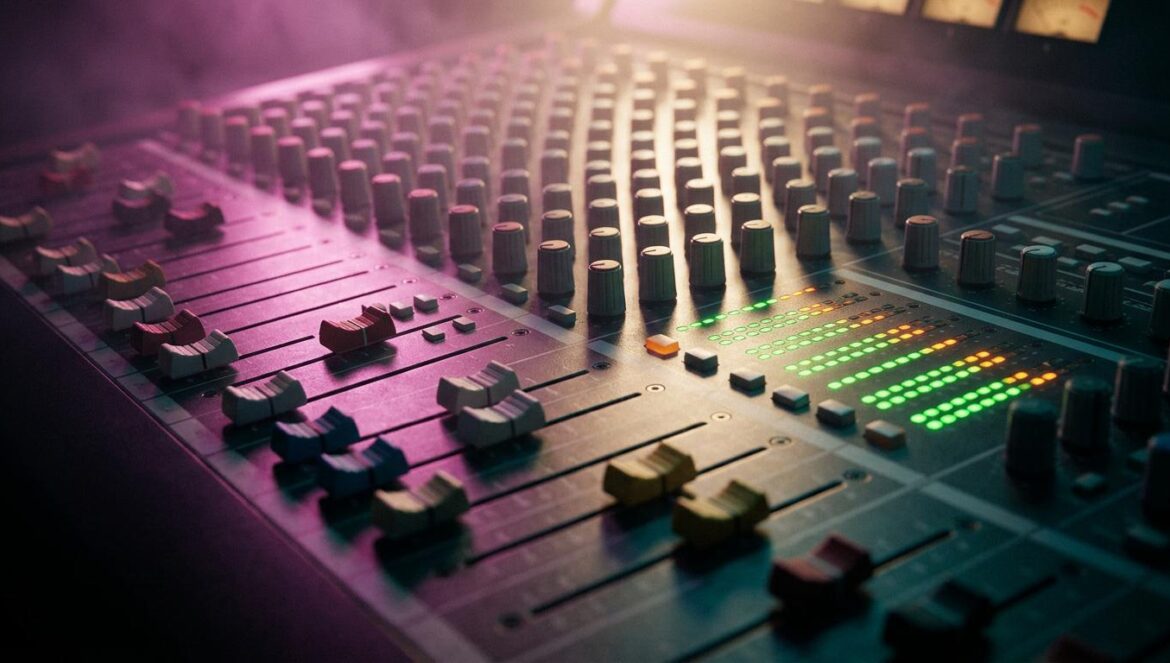 Consola de mezclas profesional en un estudio de grabación con luces de fondo magenta y sombras azuladas, mostrando deslizadores analógicos en primer plano.