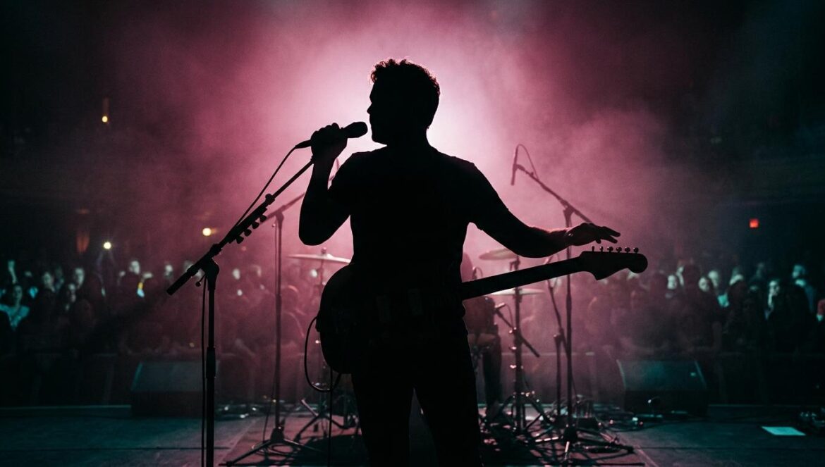 Silueta de un artista musical en el escenario bajo luces de color magenta y sombras turquesas durante un concierto en vivo con público difuminado.