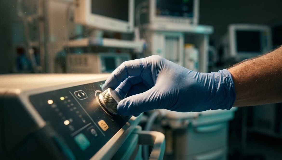 Primer plano detallado de un dial de un dispositivo médico de alta tecnología en un quirófano moderno con iluminación ambiental en tonos turquesa y beige.
