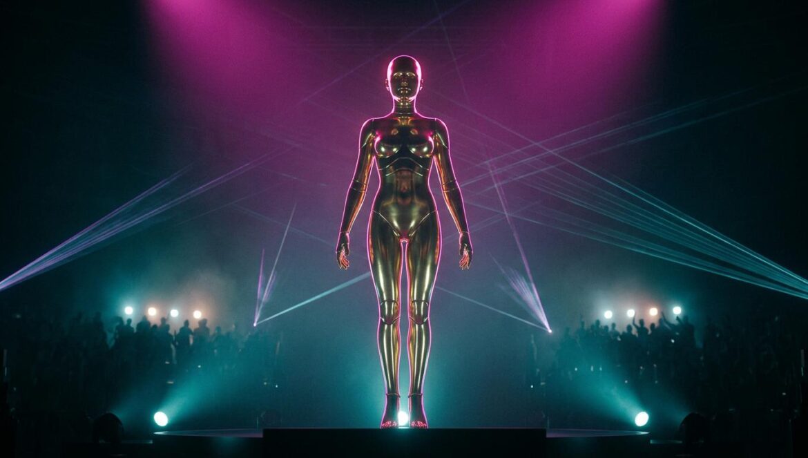 Escultura gigante de robot futurista bañado en oro sobre el escenario de un concierto en un estadio, iluminada con luces magenta y láseres azules en la oscuridad.