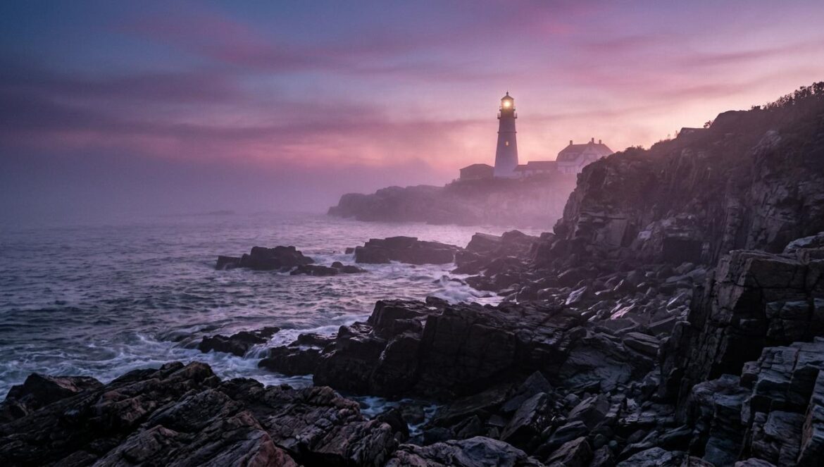 Plano cinematográfico de una costa brumosa de Nueva Inglaterra al atardecer, con un faro iluminado a lo lejos bajo un cielo lila y magenta.
