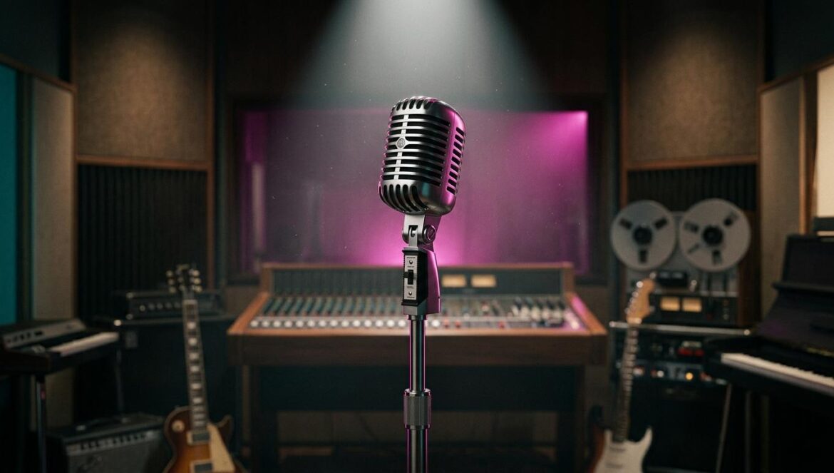 Un estudio de música retro vacío con un micrófono vintage iluminado por luces de neón magenta y sombras profundas.