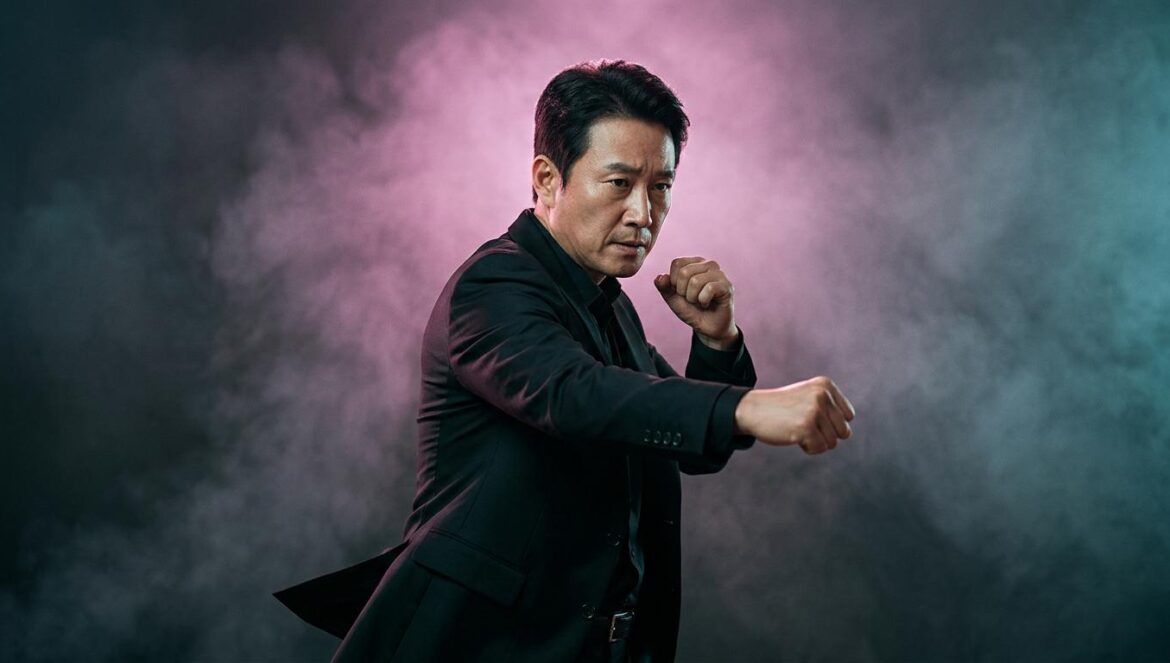 Retrato editorial de acción de un hombre coreano con traje negro elegante en una pose dinámica de combate con iluminación magenta y turquesa