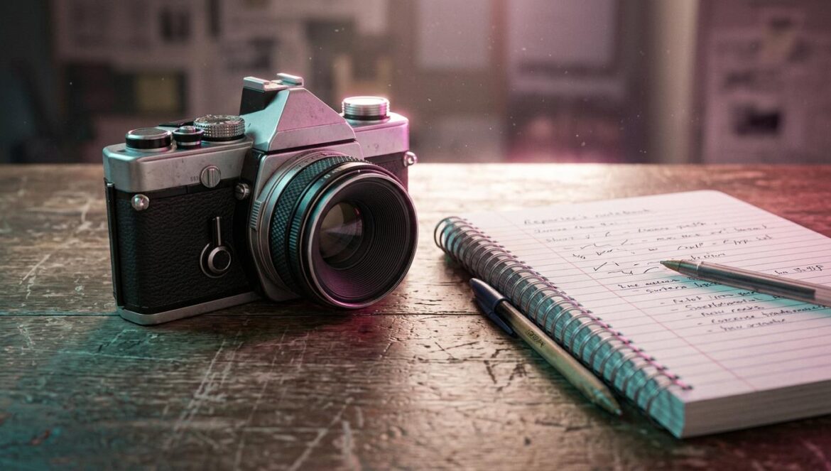 Plano de detalle de una cámara de cine clásica de los años 70 y una libreta de reportero sobre un escritorio de madera iluminados con tonos magenta y turquesa.