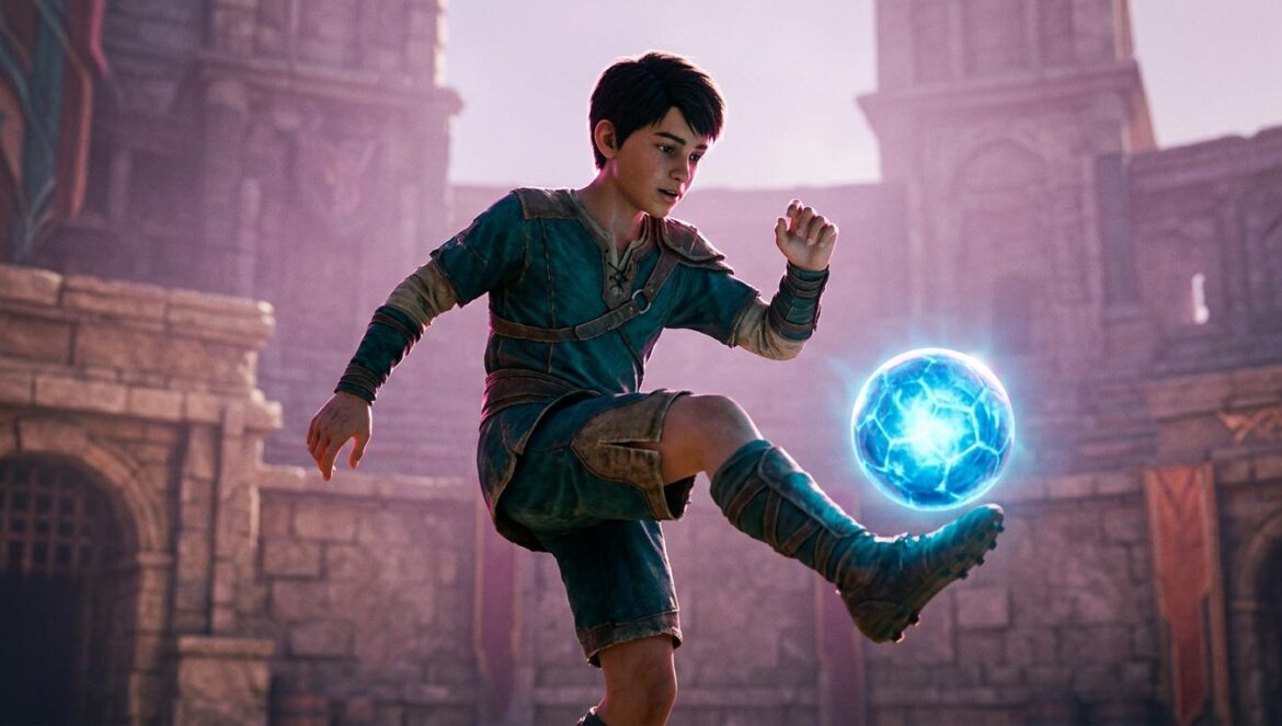 Un joven futbolista de anime controla un balón mágico brillante en un estadio de fantasía medieval con luces de tono magenta y lila.