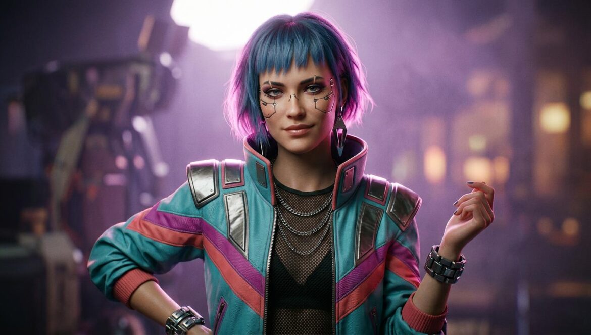 Ghost in the Shell de Science Saru: adiós al drama solemne Retrato de estilo anime de una mujer de cabello corto azul con chaqueta retro de los años ochenta bajo luces de neón magenta y violeta.