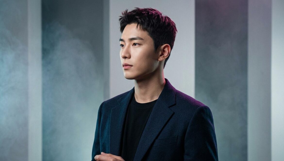 Hwang In Youp: la evolución del héroe imperfecto en TV Retrato editorial de un joven actor coreano con peinado moderno y traje oscuro, iluminado con tonos magenta y turquesa sobre fondo de estudio minimalista.