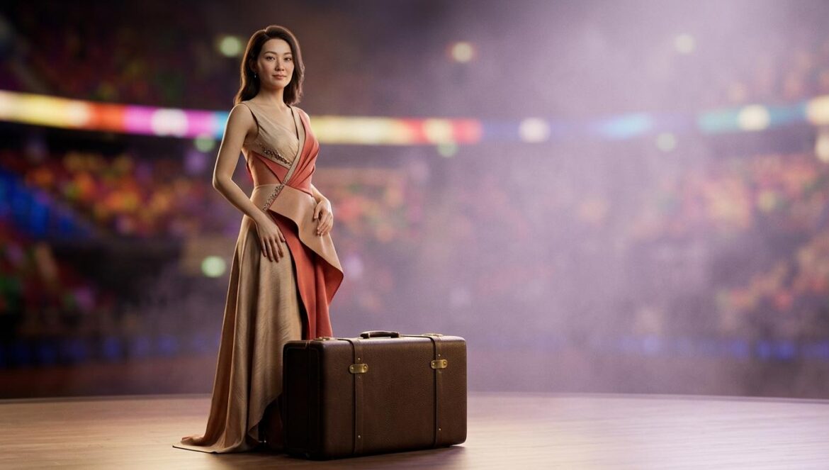 Jung Ho Yeon hace historia en la final del Mundial 2026 Retrato de una actriz de origen coreano vestida de alta costura junto a un estuche de lujo en un gran estadio, estilo editorial.