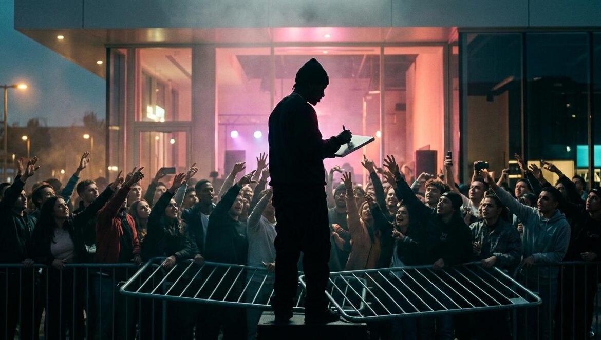 Ken Carson desata el caos absoluto en su último pop-up Silueta de un artista de hip-hop rodeado por una multitud enérgica frente a una tienda moderna con iluminación magenta y turquesa.
